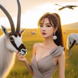 夏天的夕陽景迷人.美女按著羚羊的頭 AI Generated